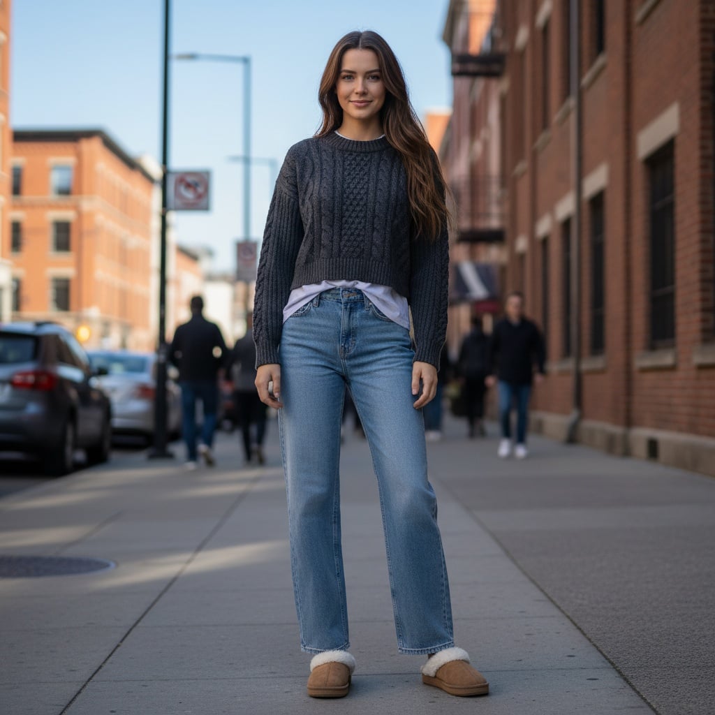 Dark Grey Cropped Knit Sweater With White Undershirt, Light Blue Wide-Leg Jeans, And Tan Slippers.