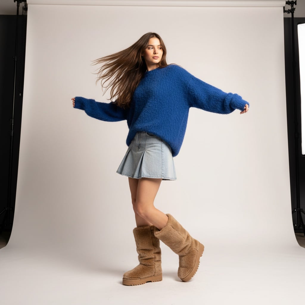 Oversized Blue Fuzzy Sweater With Pleated Mini Denim Skirt, Paired With Tan Furry Boots.