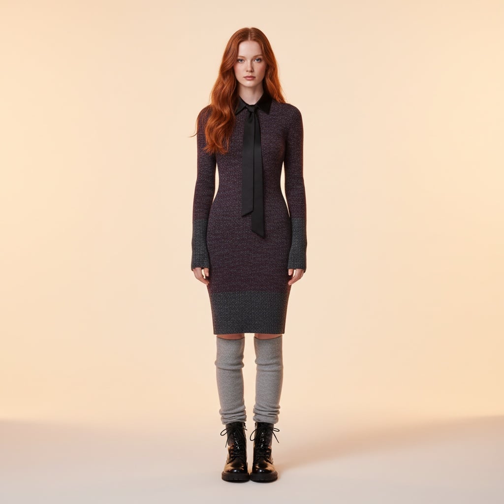 Grey And Purple Fitted Knit Dress With Black Tie, Grey Knee Socks, And Black Lace-Up Shoes.