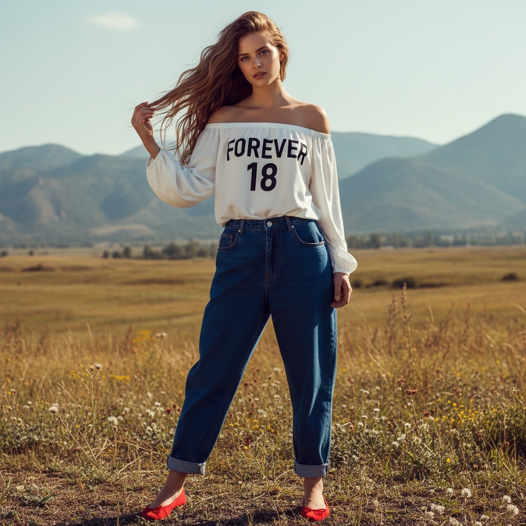 Off-Shoulder White Blouse With “forever 18” Top, Oversized Dark Blue Jeans, And Red Flats.