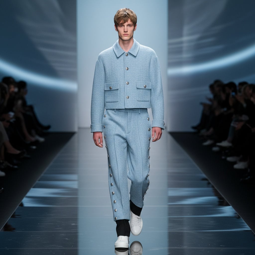 A Light Blue Tweed Suit, Paired With A Short Loose Jacket, High-Waisted Trousers And Button Details, Has A Strict Yet Casual Silhouette, Black Trousers And White Shoes.