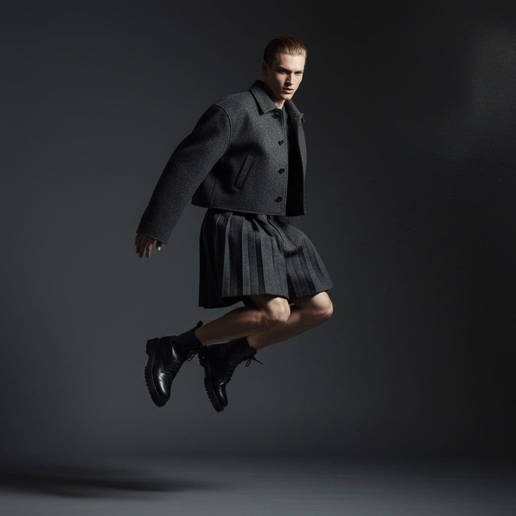 An Oversized Jacket In Dark Charcoal Grey, With A Loose, Cropped Silhouette, Is Paired With Pleated Skirt-Style Shorts In The Same Fabric, Made From A Structured Wool Blend.