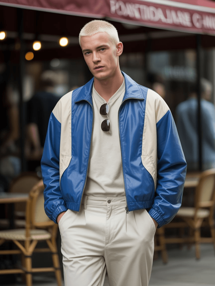 A Blue And Cream Colorblock Cropped Jacket Paired With Cream Pleated Trousers And A Simple White T-Shirt, Accessorized With Sunglasses.