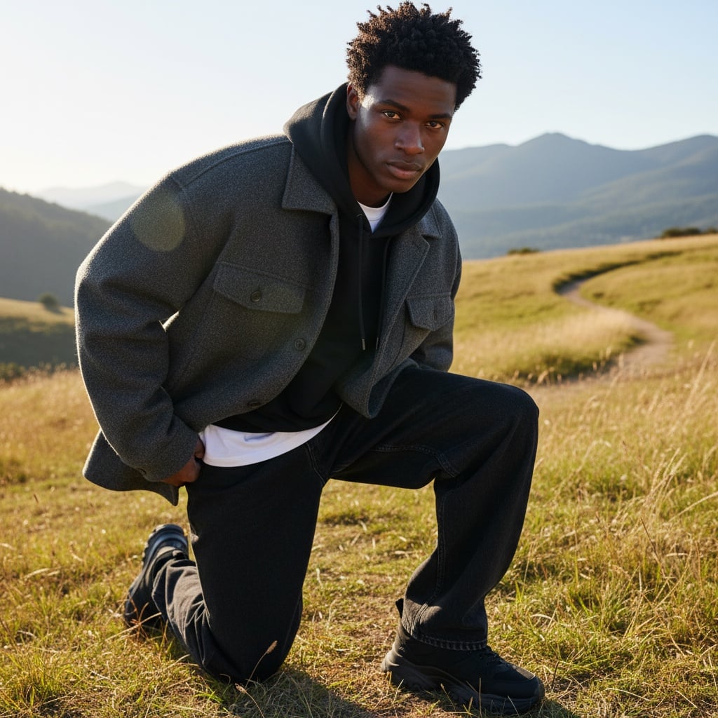 Oversized Grey Wool Jacket Layered Over A Black Hoodie And White T-Shirt, Styled With Loose Black Jeans.