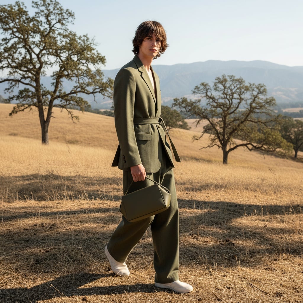 An Olive Green Casual Blazer With A Belt Detail At The Waist, Loose-Fitting Trousers, A Matching Green Handbag, And A Structured Yet Lightweight Wool Blend, Paired With Off-White Slip-On Shoes.