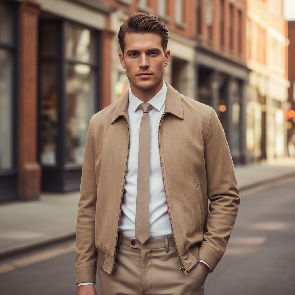 A Beige Suede Bomber Jacket Paired With Beige Trousers, A White Shirt And A Beige Narrow Tie Creates A Tailored Yet Casual Silhouette.