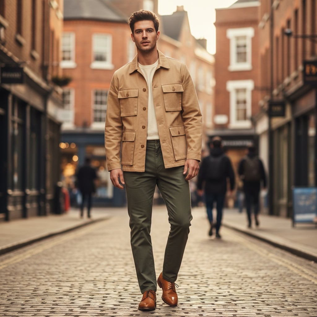 A Sand-Colored Utility Jacket With Exaggerated Pockets Was Paired With Structured Cotton Twill Trousers And Tan Leather Shoes.