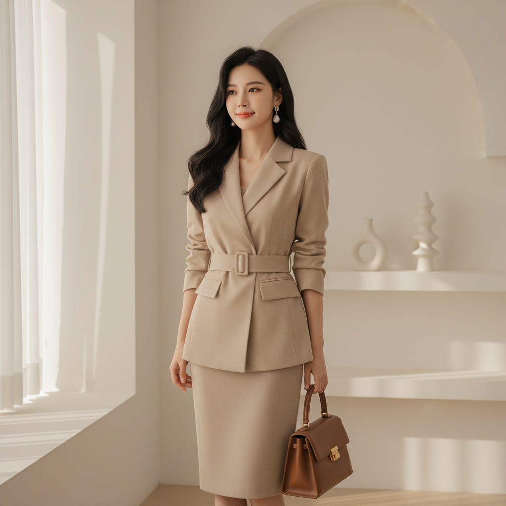 Beige Tailored Blazer With Belted Waist, Matching Pencil Skirt, Pearl Earrings, And A Brown Handbag.