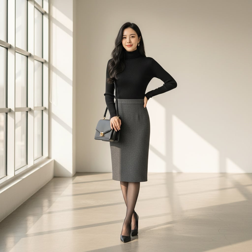 Black Fitted Turtleneck With Grey Pencil Skirt, Black Sheer Tights, Black Pumps, And A Black Shoulder Bag.