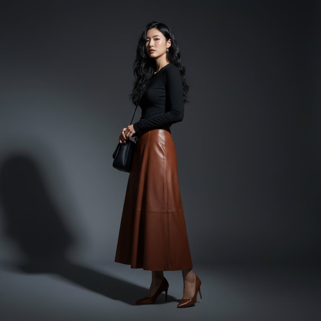 Black Shirt With Long Brown Leather Skirt, Paired With Black Handbag And Brown Pumps.