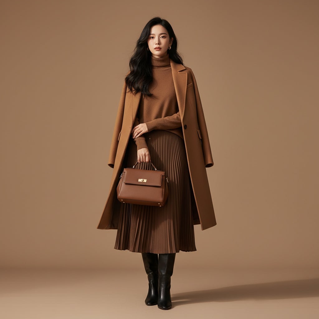 Brown Turtleneck With Brown Midi Skirt, Styled With A Brown Wool Coat, Black Boots, And Brown Handbag.
