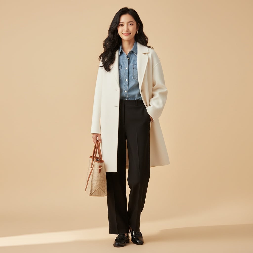 White Overcoat Layered Over Denim Shirt And Black Trousers, Paired With Black Shoes And A Beige Tote Bag.