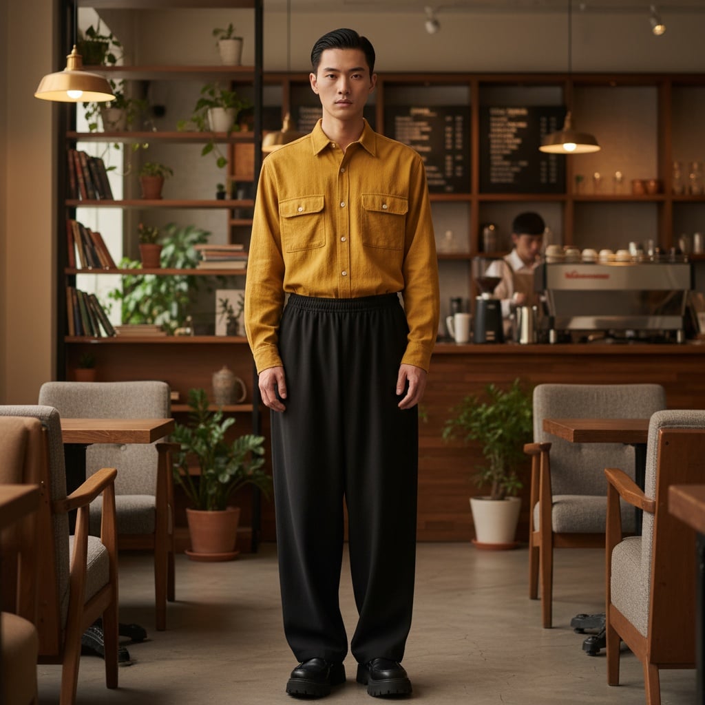 Mustard Yellow Button-Up Shirt With Chest Pockets, Black Wide-Leg Trousers With Elastic Waistband, And Black Platform Shoes