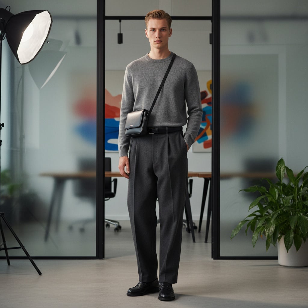 Grey Crewneck Sweater, Charcoal Wide-Leg Trousers With Belt, Black Leather Loafers, And Black Crossbody Bag