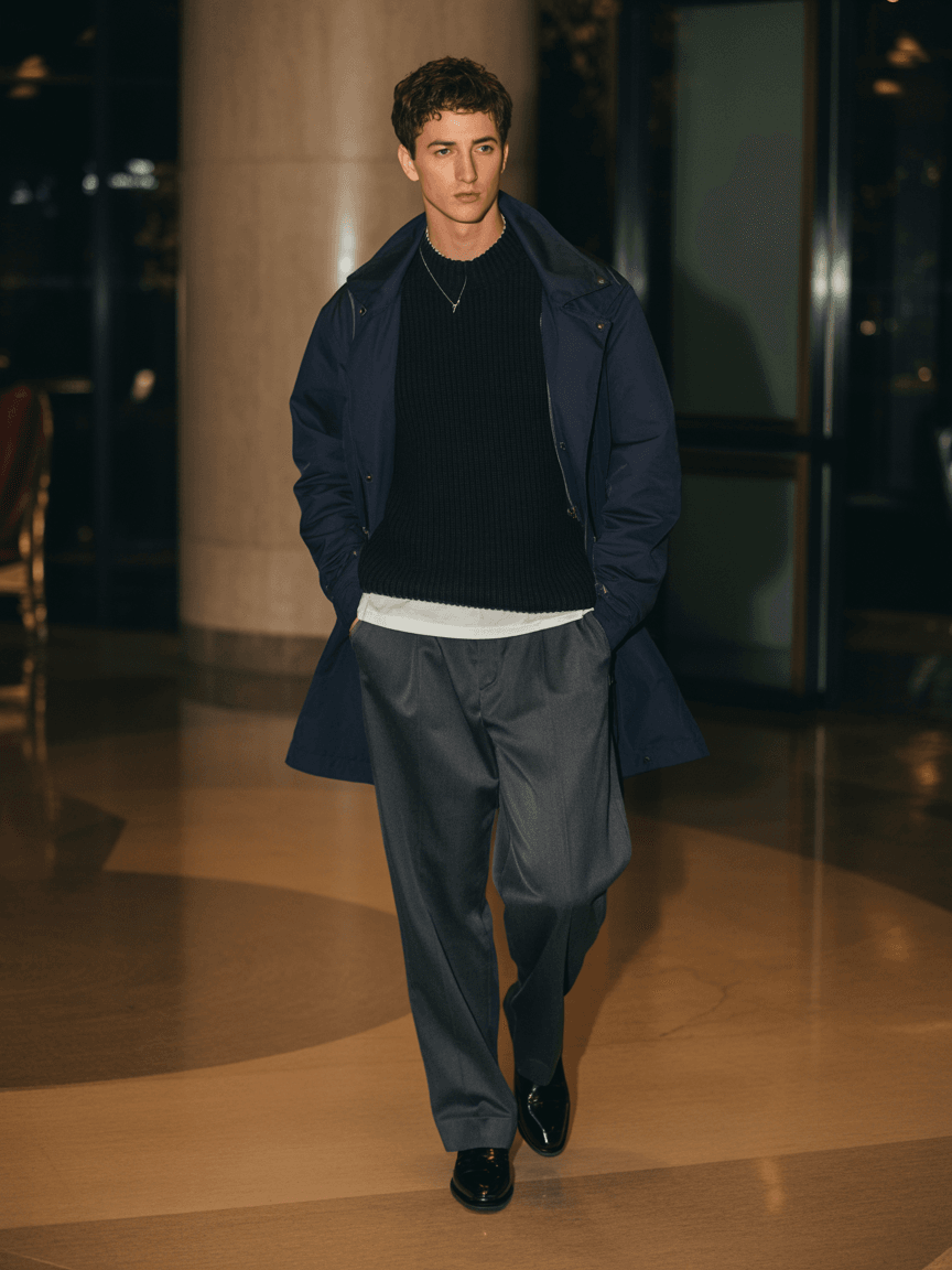 Black V-Neck Sweater, White Undershirt, Dark Grey Trousers With Belt, Black Leather Shoes, And Navy Jacket