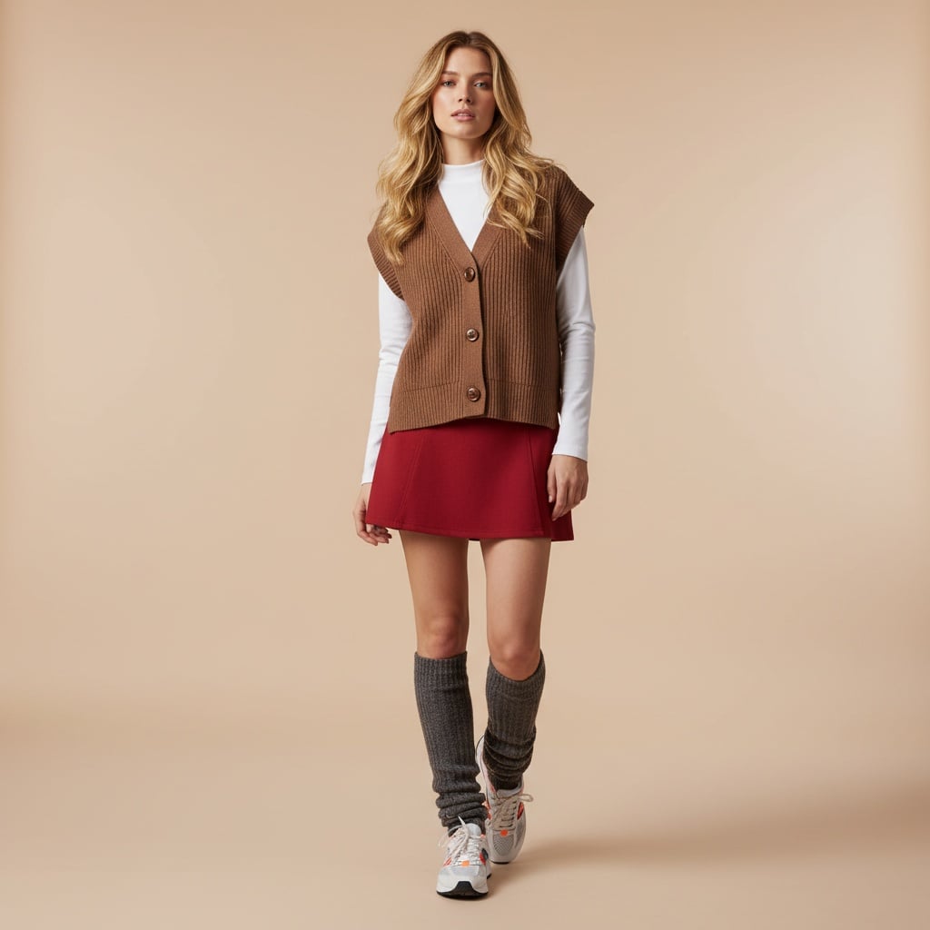 Brown Sleeveless Cardigan Layered Over White Long-Sleeve Top, Paired With Red Mini Skirt, Grey Leg Warmers, And Running Sneakers.