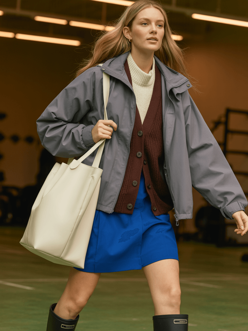 Grey Zip-Up Jacket Layered Over Brown Cardigan And Blue Skirt, Paired With Black Rain Boots And Cream Tote Bag.