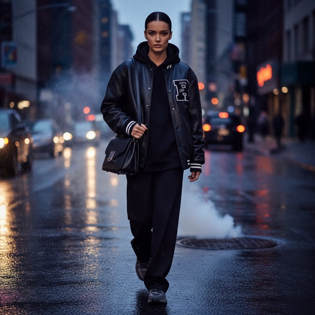 Black Oversized Varsity Jacket Layered Over Black Hoodie And Wide-Leg Pants, Paired With Grey Sneakers And Black Handbag.