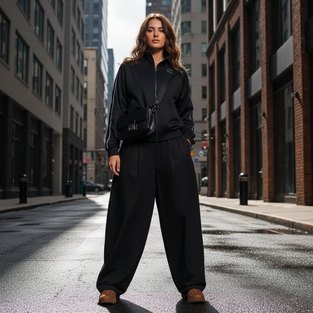 Black Track Jacket Paired With Oversized Black Wide-Leg Pants, Brown Sneakers, And Crossbody Bag.