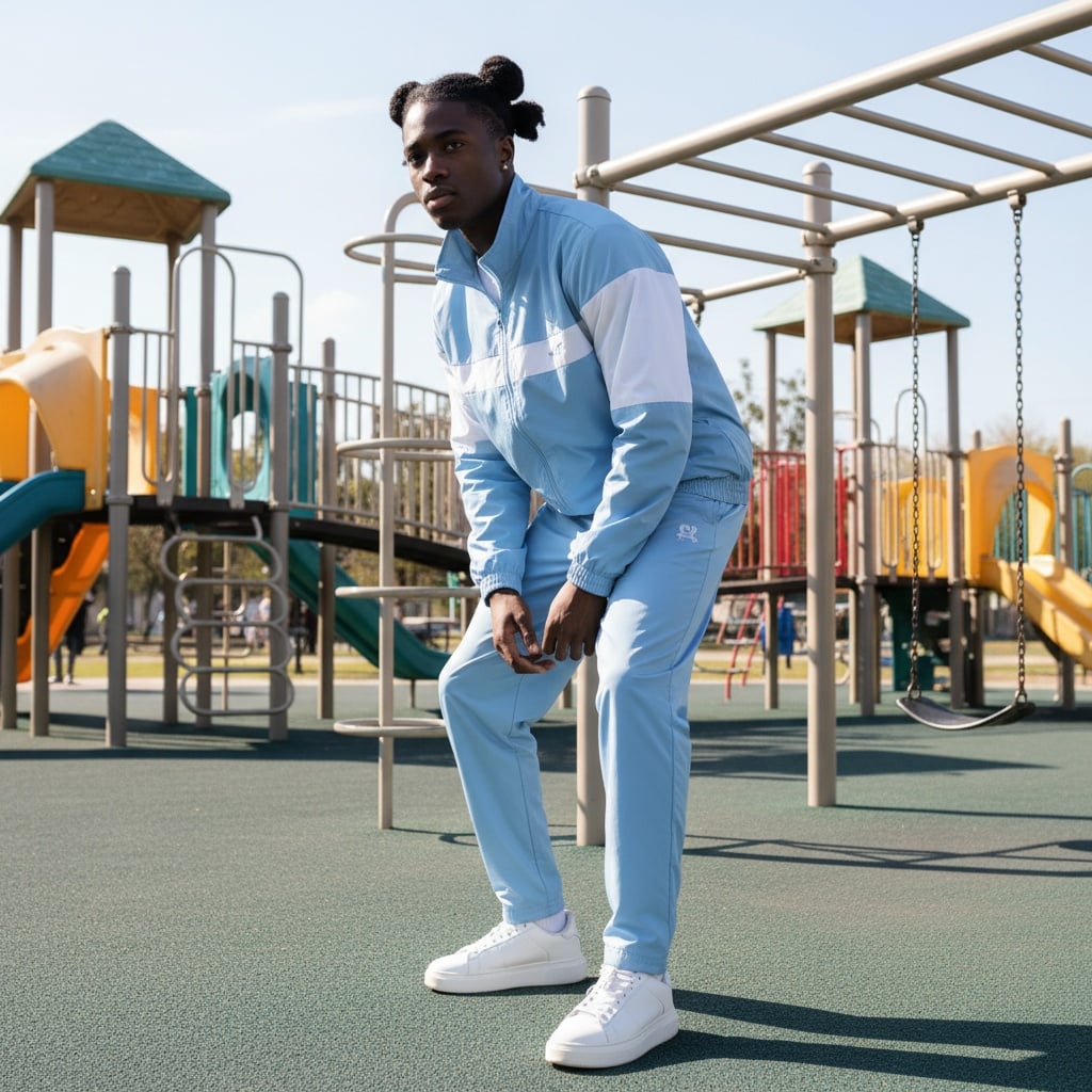 Light Blue And White Zip-Up Jacket And Matching Sweatpants, Relaxed Sporty Silhouette In Lightweight Polyester Fabric, Paired With White Sneakers