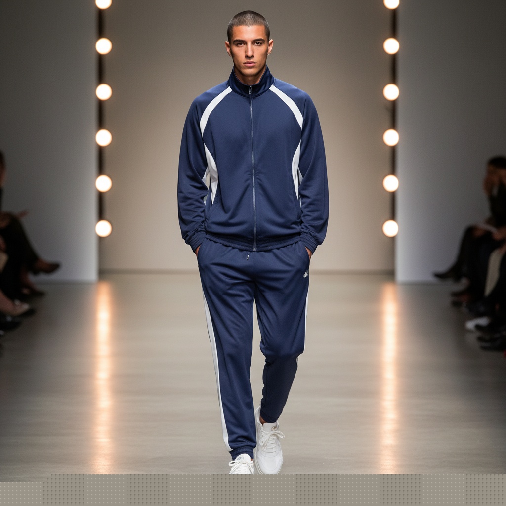 Navy And White Zip-Up Jacket, Matching Jogger Pants, Sporty Loose Silhouette, Soft Polyester Fabric, Paired With White Sneakers