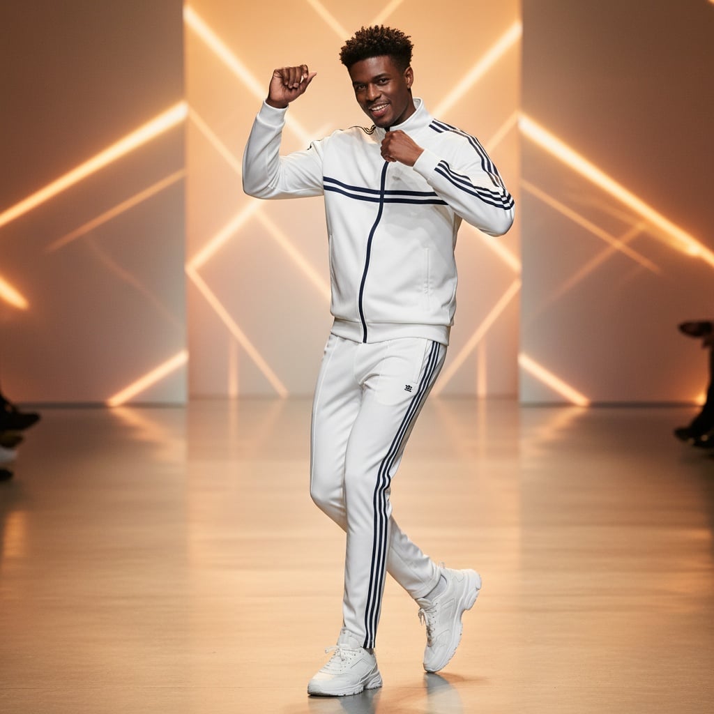 White Zip-Up Jacket With Navy Accents, Matching Track Pants, Modern Sporty Silhouette, Nylon Blend Fabric, Styled With White Sneakers