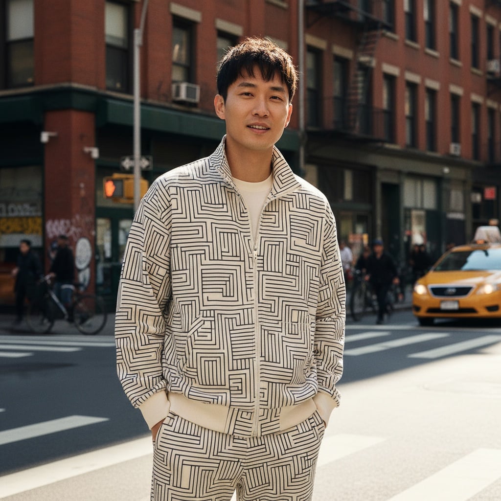 Cream Zip-Up Jacket With Navy Geometric Pattern, Matching Sweatpants, Relaxed Sporty Silhouette.