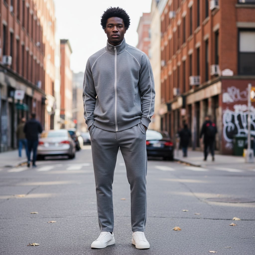 Grey Track Jacket With White Piping, Matching Sweatpants, Relaxed Sporty Silhouette, Soft Fabric, Paired With White Sneakers