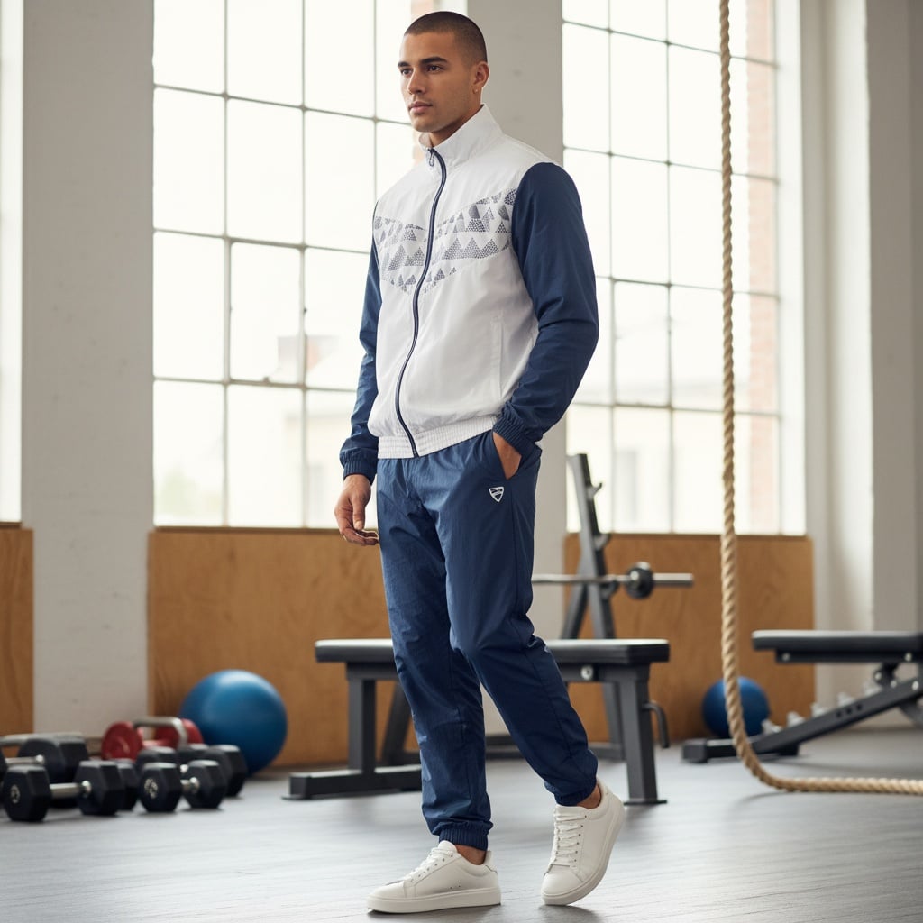 White And Navy Zip-Up Jacket With Minimalist Design, Matching Track Pants, Sporty Relaxed Silhouette In Nylon Fabric, Paired With White Sneakers