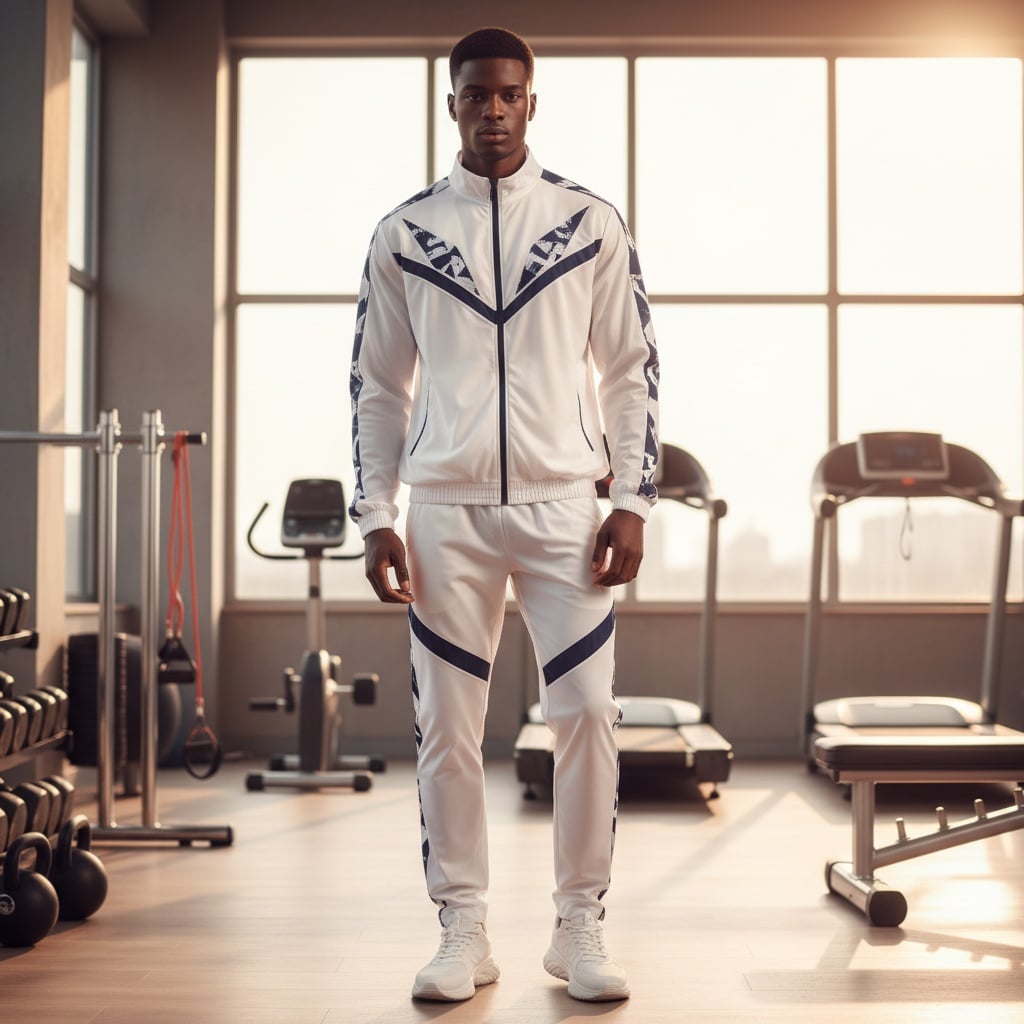 White Zip-Up Jacket With Geometric Navy Details, Matching Sweatpants, Athletic Modern Silhouette, Lightweight Fabric, Styled With White Sneakers