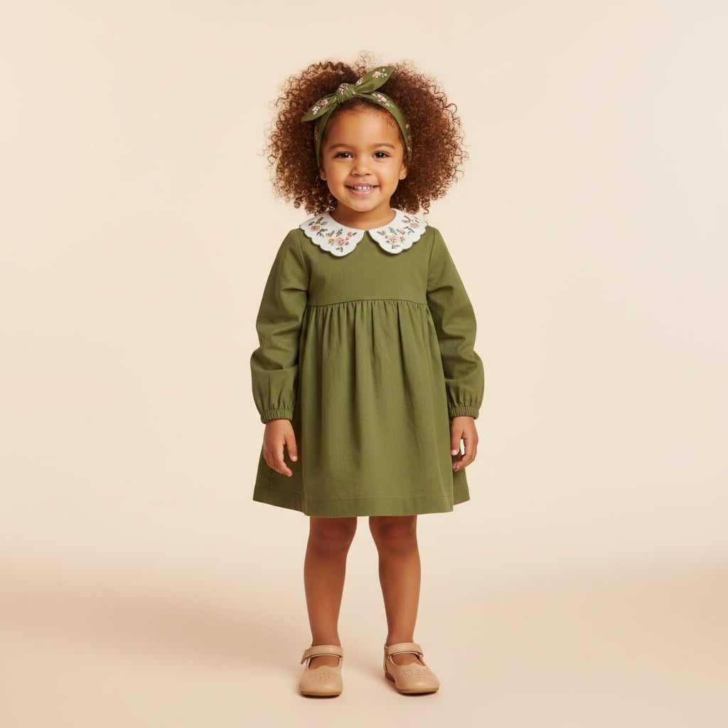 Olive Green Dress With Scalloped Collar And Floral Pattern, Paired With Matching Green Hairband And Beige Shoes.