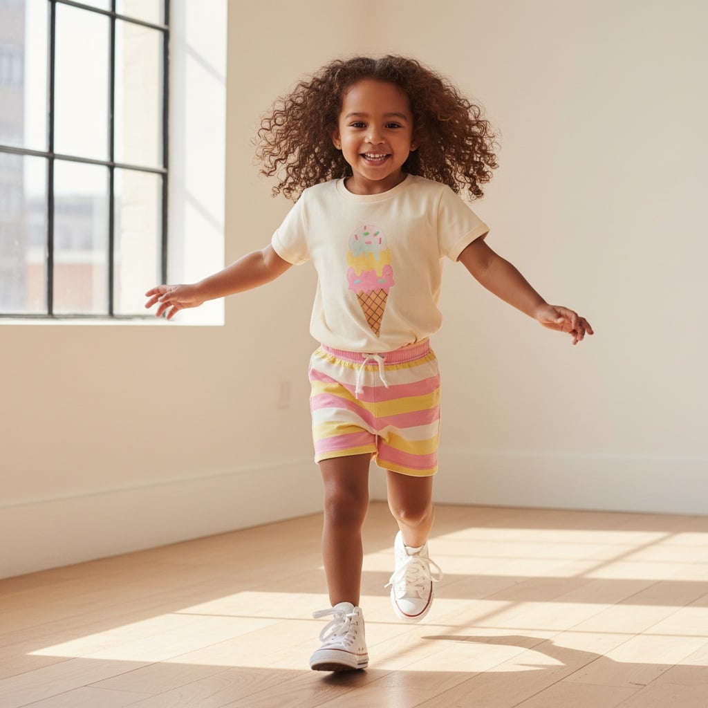 Cream T-Shirt With A Colorful Ice Cream Graphic, Paired With Pink And Yellow Striped Shorts And White High-Top Sneakers.