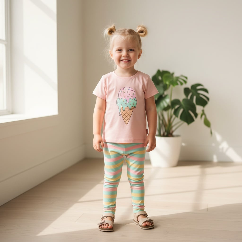 Pastel Pink T-Shirt With An Ice Cream Cone Design, Paired With Striped Leggings In Pink, Green, And Yellow, And Beige Sandals.