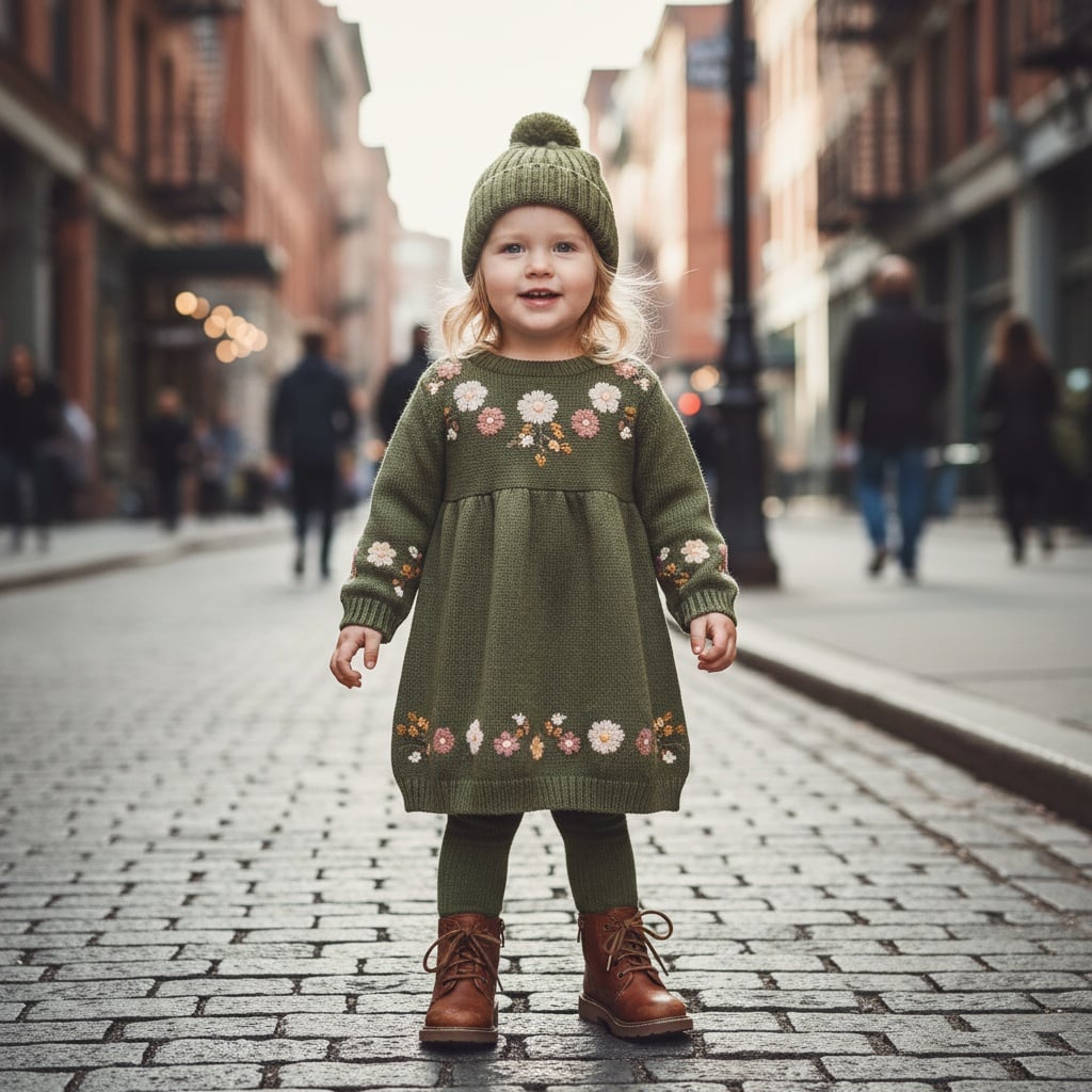 Olive Green Knitted Dress With Floral Embroidery, Matching Green Knitted Hat, And Brown Leather Boots.
