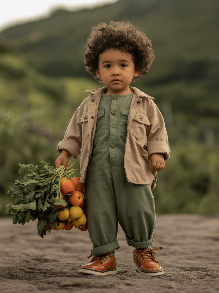 Green Button-Up Shirt With Beige Overalls Featuring Vegetable Embroidery, Paired With Brown Shoes.