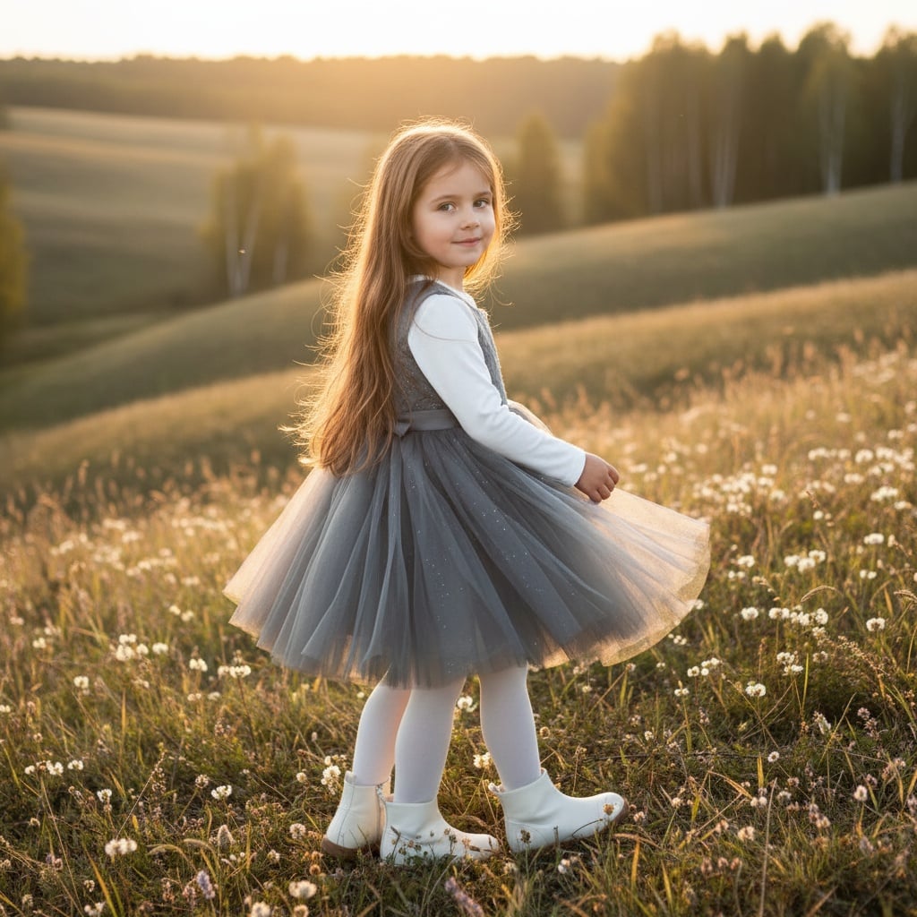 Grey Tulle Dress With White Long-Sleeve Top, White Tights, And White Ankle Boots.