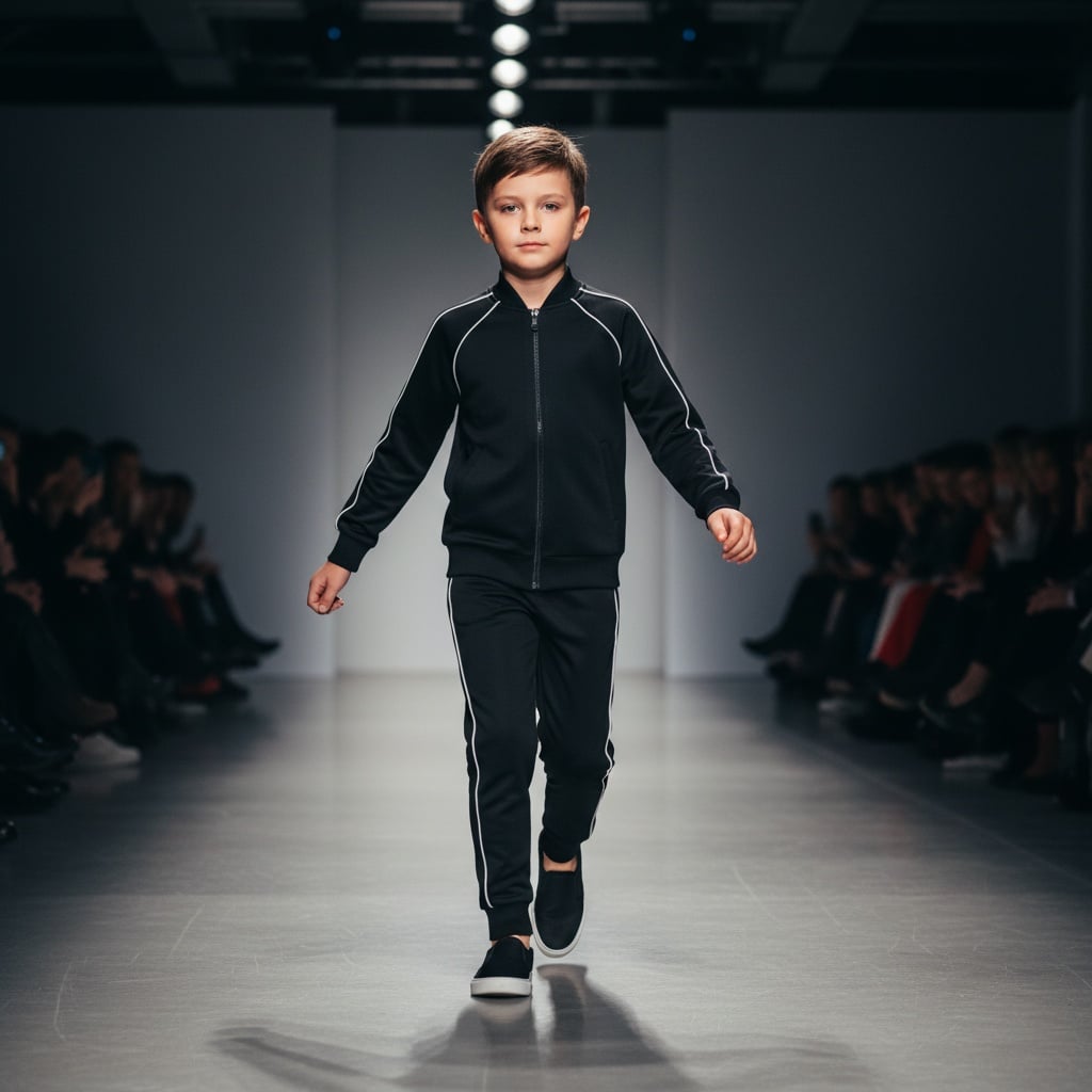 A Black Tracksuit With White Piping Details Throughout The Jacket And Pants, Paired With Black Slip-On Shoes.