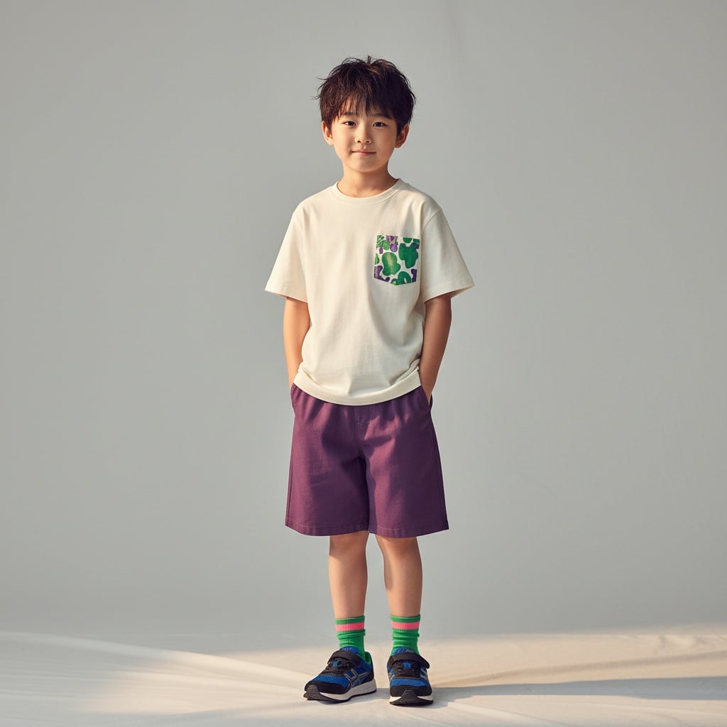 A Cream Short-Sleeved T-Shirt With A Green And Purple Pocket, Purple Shorts, And Blue And Black Sneakers With Green And Pink Socks.