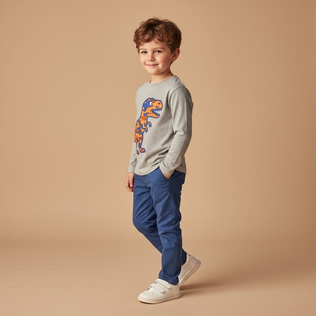 A Grey Long-Sleeved T-Shirt With A Blue And Orange Dinosaur Graphic, Blue Pants, And White Shoes.
