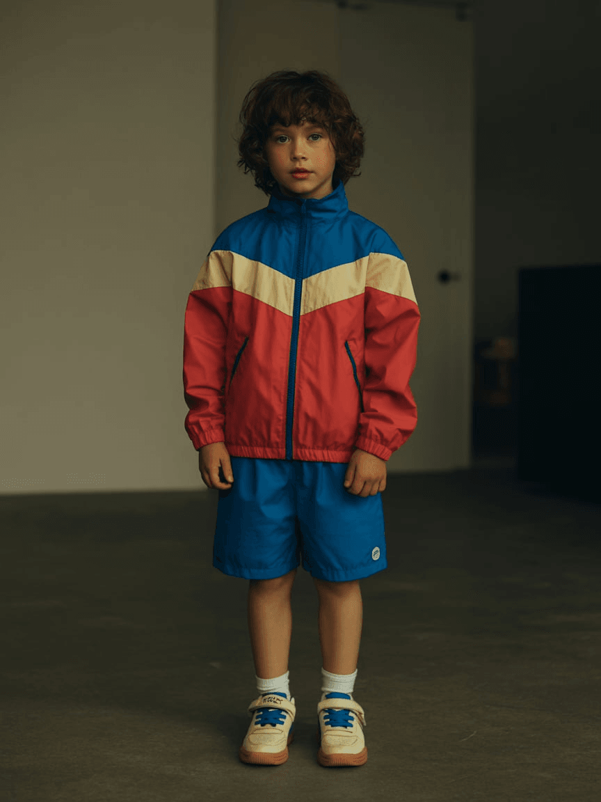 A Color-Block Windbreaker In Red, Blue, And Cream, With Matching Blue Shorts And Cream And Blue Sneakers.