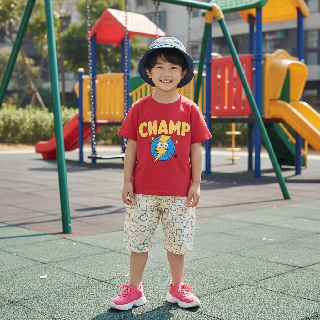 A Red T-Shirt With A Cartoon champ" Graphic, Patterned Cream Shorts, A Blue Bucket Hat, And Pink Sneakers.