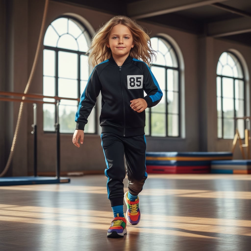 A Black Tracksuit With Blue Stripe Details And A 85" Patch, Paired With Multi-Colored Sneakers And Blue Socks.