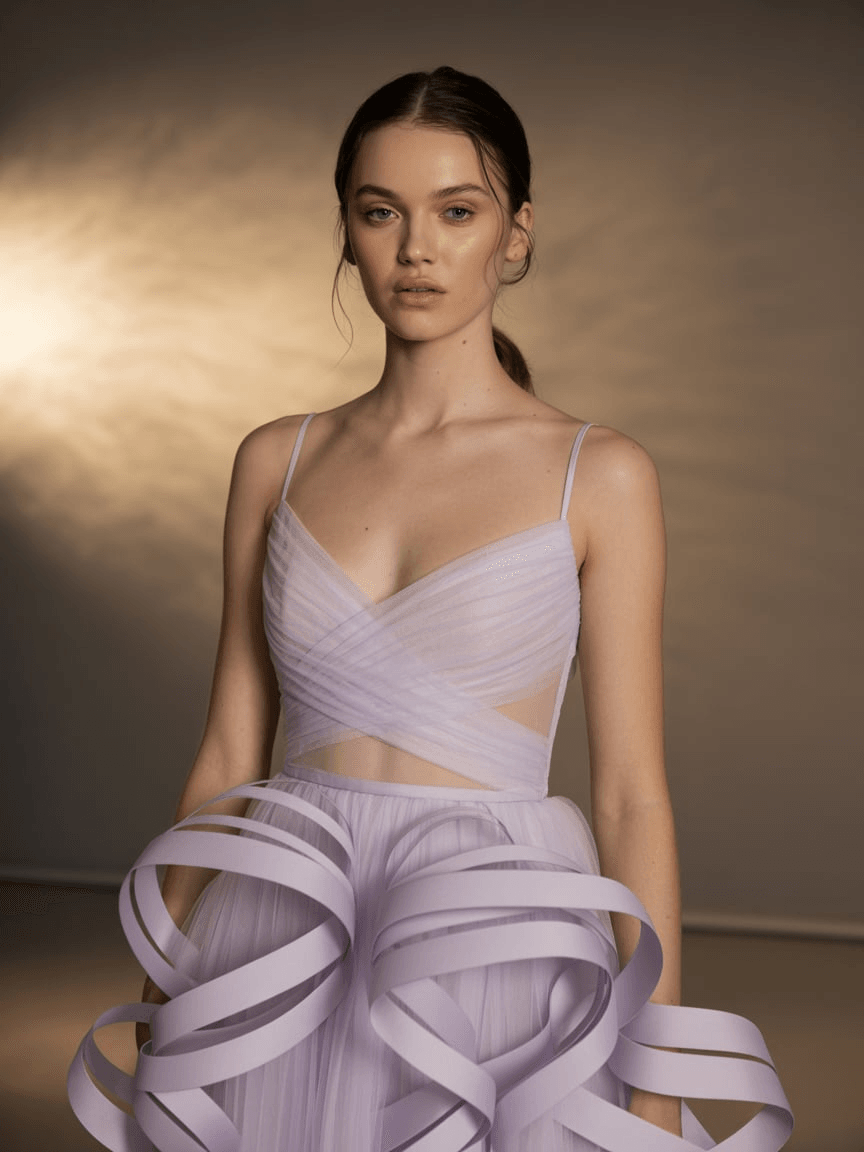 Pastel Layered Gown With Cascading Ruffled Tulle And Sheer Bodice.