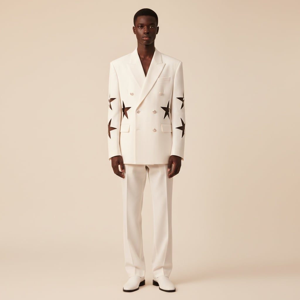 White Double-Breasted Suit With Geometric Cut-Out Star Patterns, Straight Relaxed Trousers, Structured Oversized Silhouette, Smooth Matte Fabric, Paired With Matching White Shoes.