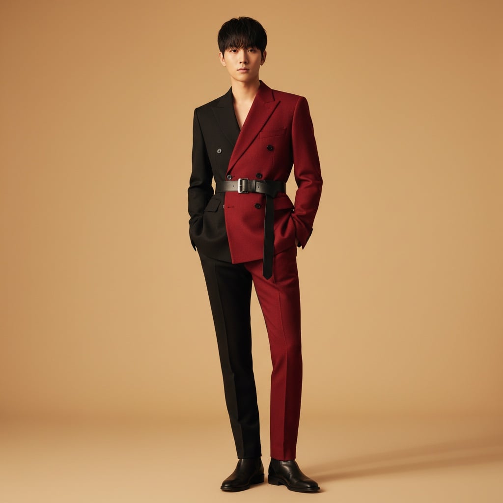 Two-Tone Tailored Suit In Black And Deep Red, Asymmetric Double-Breasted Design With Cinched Waist Belt, Slim Silhouette, Wool-Blend Fabric.