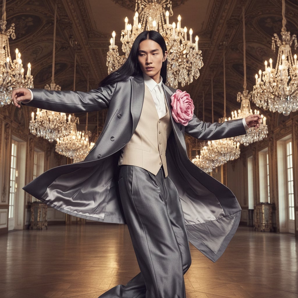 Satin-Finish Grey Suit With Double-Breasted Blazer, Layered With Light Beige Vest And White Shirt, Wide Trousers, Silk-Satin Sheen Fabric, Accessorized With Oversized Pink Flower Brooch.