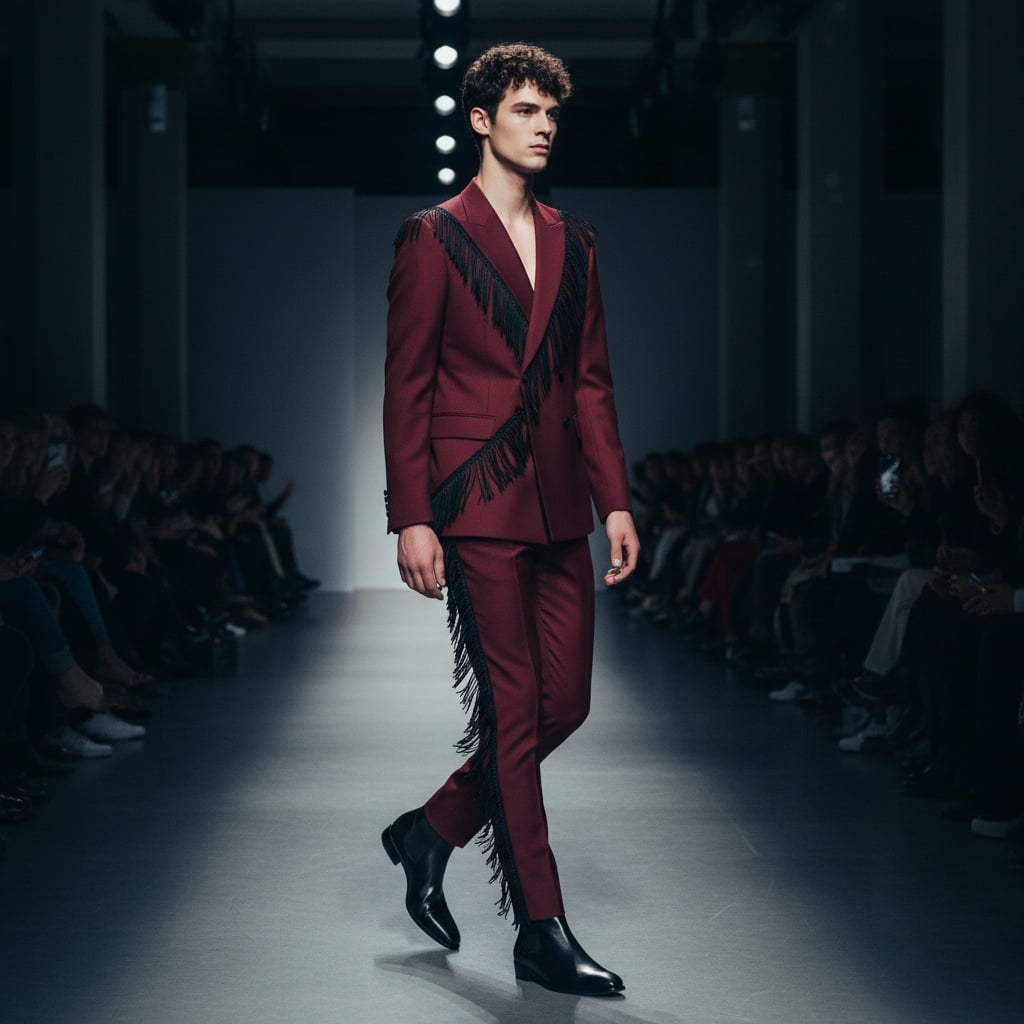 A Burgundy Red Tailored Suit, A Double-Breasted Blazer With Diagonal Black Tassel Trim, Slim-Fit Trousers With Tassel Trim, And Pointed Black Leather Boots.