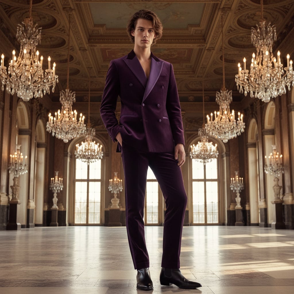 A Dark Purple Velvet Suit With Wide Lapels, Satin Purple Trim, Double-Breasted Design, Slim-Cut Trousers, And Black Polished Pointed Boots.