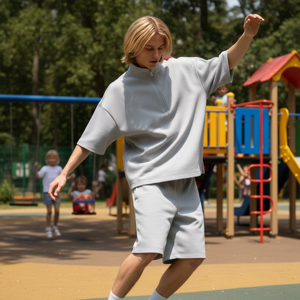 An Oversized Light Grey Half-Zip Short-Sleeved Top Paired With Loose-Fitting Shorts, Crafted From Lightweight Fabric For A Casual, Sporty Silhouette With A Streetwear-Inspired Cut.