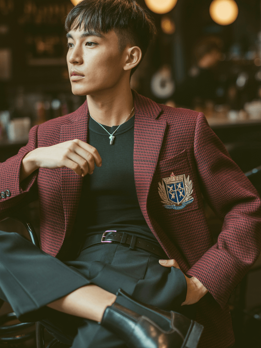 Red Checkered Blazer With Crest Emblem, Black Turtleneck Top, Slim Black Trousers, And Black Leather Chelsea Boots